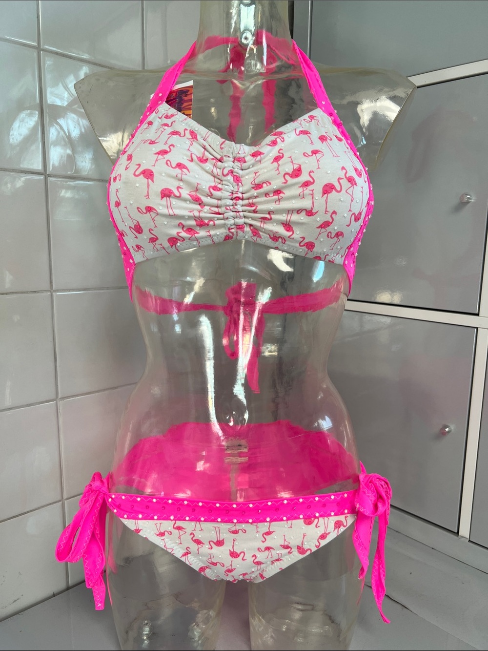 Crystals & Flamingos! Glo Pink/Wht Lowrise Side-Tie Scrunch Bikini S/M NWT
